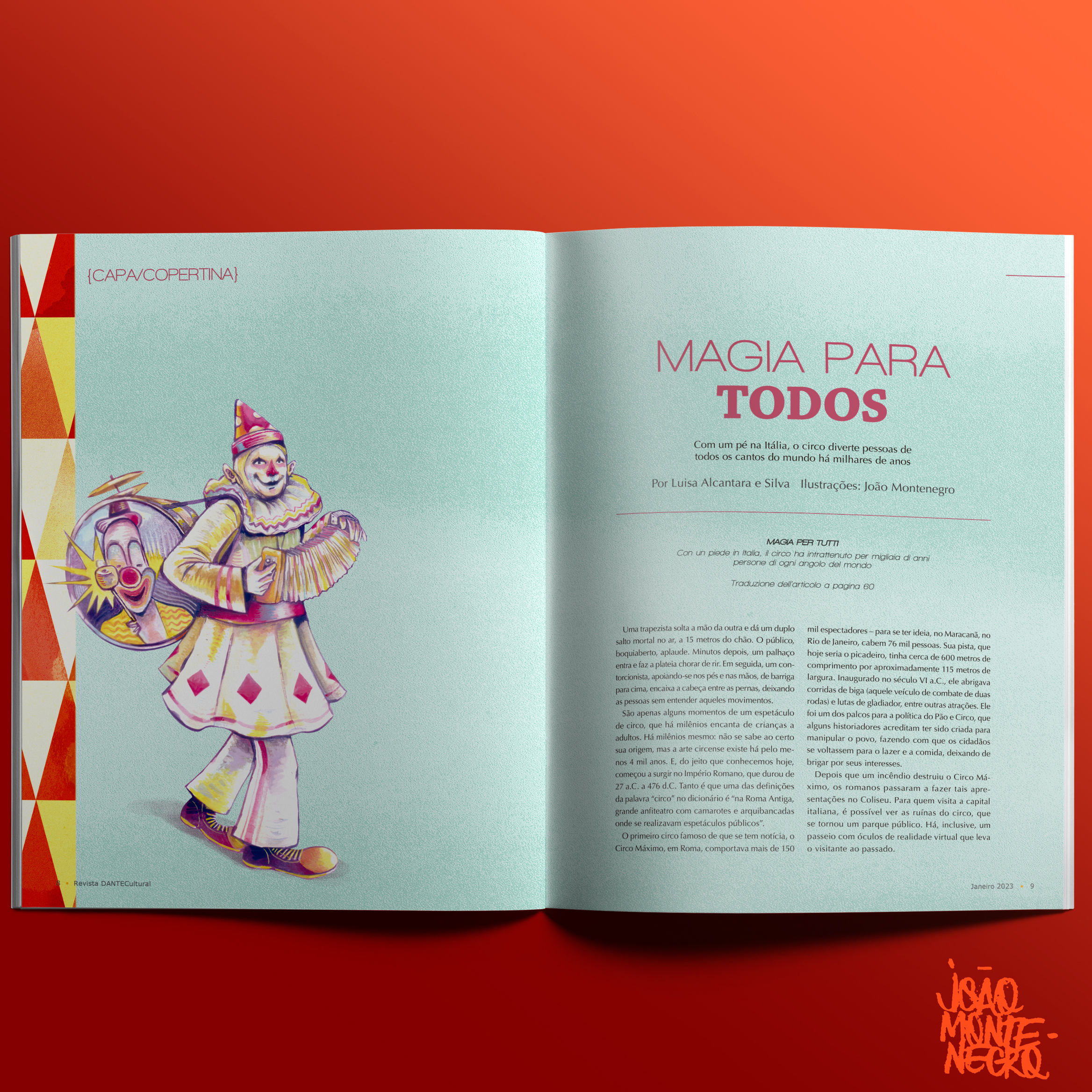 Ilustração digital e manual de um palhaço tocando samfona e bateria, criada pelo ilustrador e artista visual João Montenegro